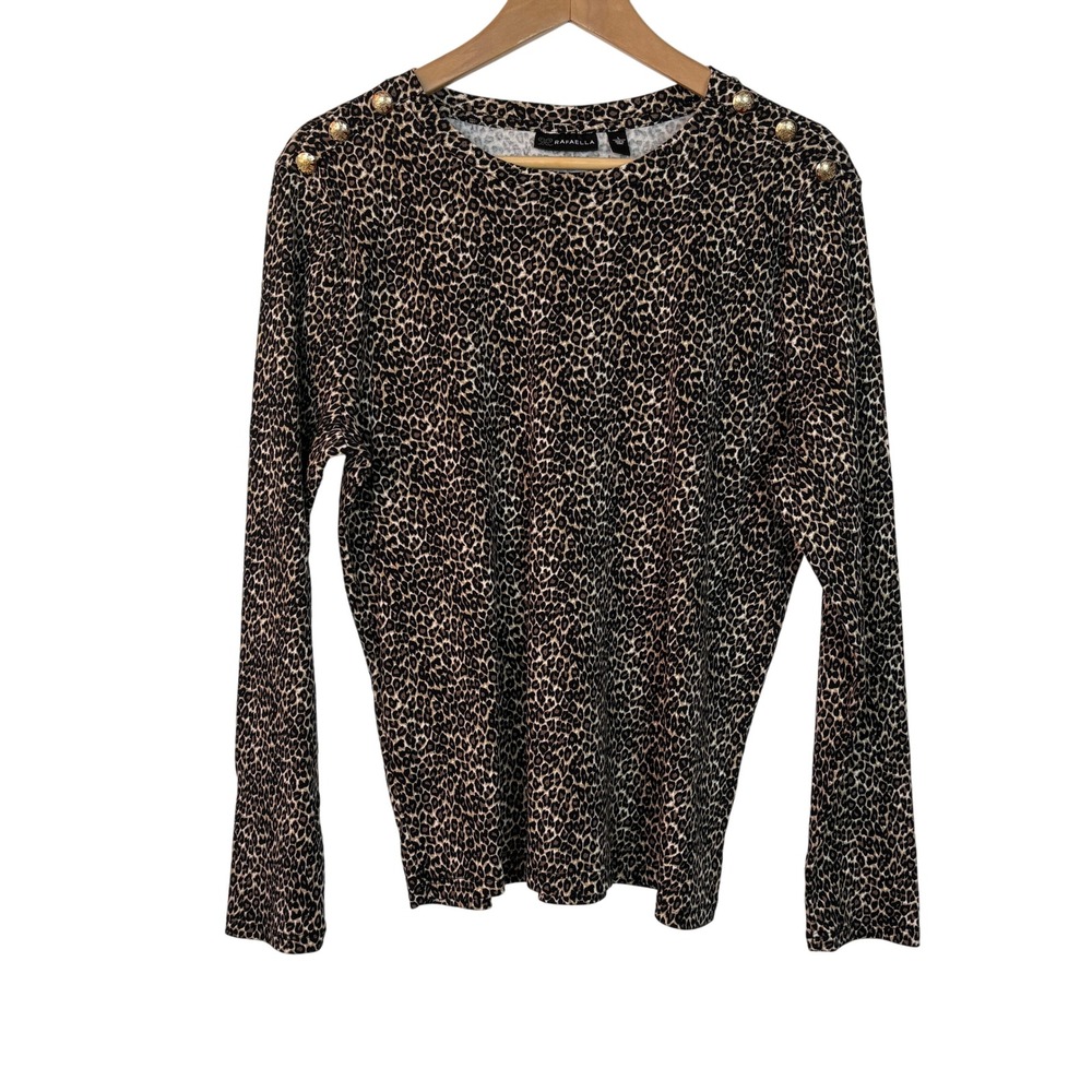 RAFAELLA Womens Leopard Print Long Sleeve Top Size Large Gold Buttons Pullover